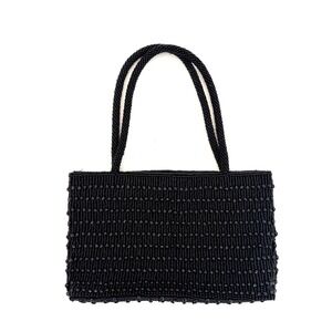 Vintage 90s Y2K Hilard & Hanson Black Beaded Handbag Evening Purse Double Strap
